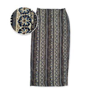 Vintage Jessica Floral Stripe Print Long Wrap Skirt Blue Eclectic Bohemian Boho